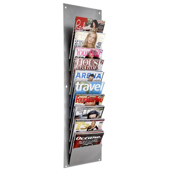 This Steel Wall Mounted Magazine Rack has a silver powder coat finish. It can hold up to 20 magazines. Ideal for displaying your subscription magazines from DLT Magazines