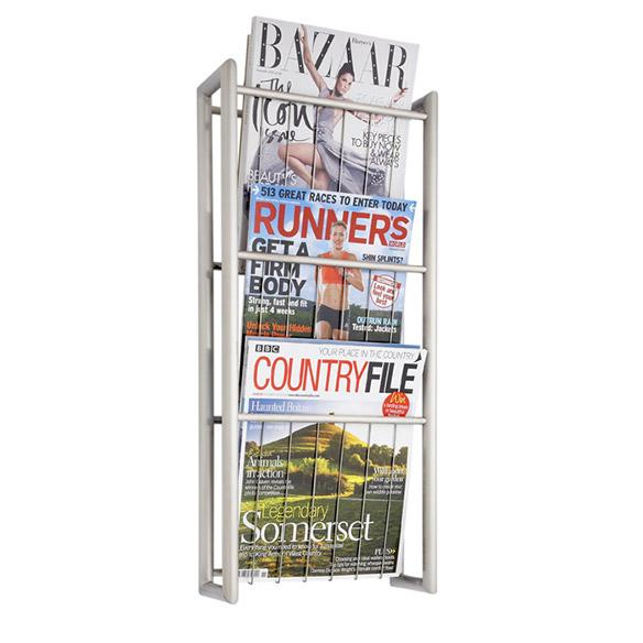 This quality stainless steel magazine rack has a natural brushed finish and can hold up to 9 magazines, ideal to display all your subscription magazines from DLT Magazines.